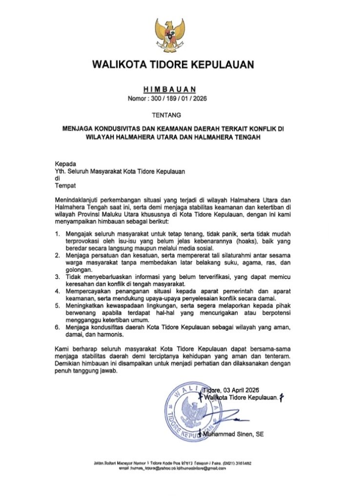 Wali Kota Tidore Kepulauan Keluarkan Himbauan untuk Masyarakat Jaga Kondusivitas dan Keamanan